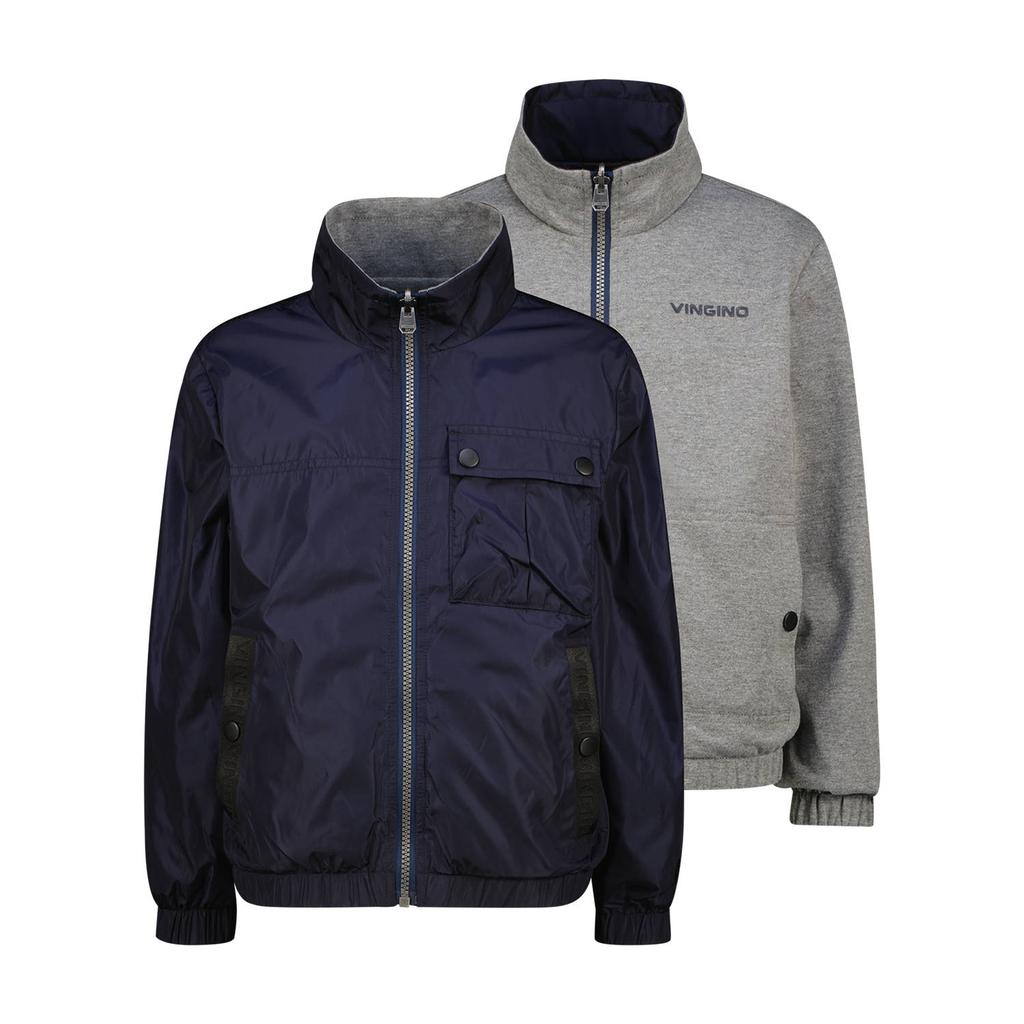Donkerblauw en grijze jongens Vingino reversible jas van polyester met effen, lange mouwen, opstaande kraag en ritssluiting