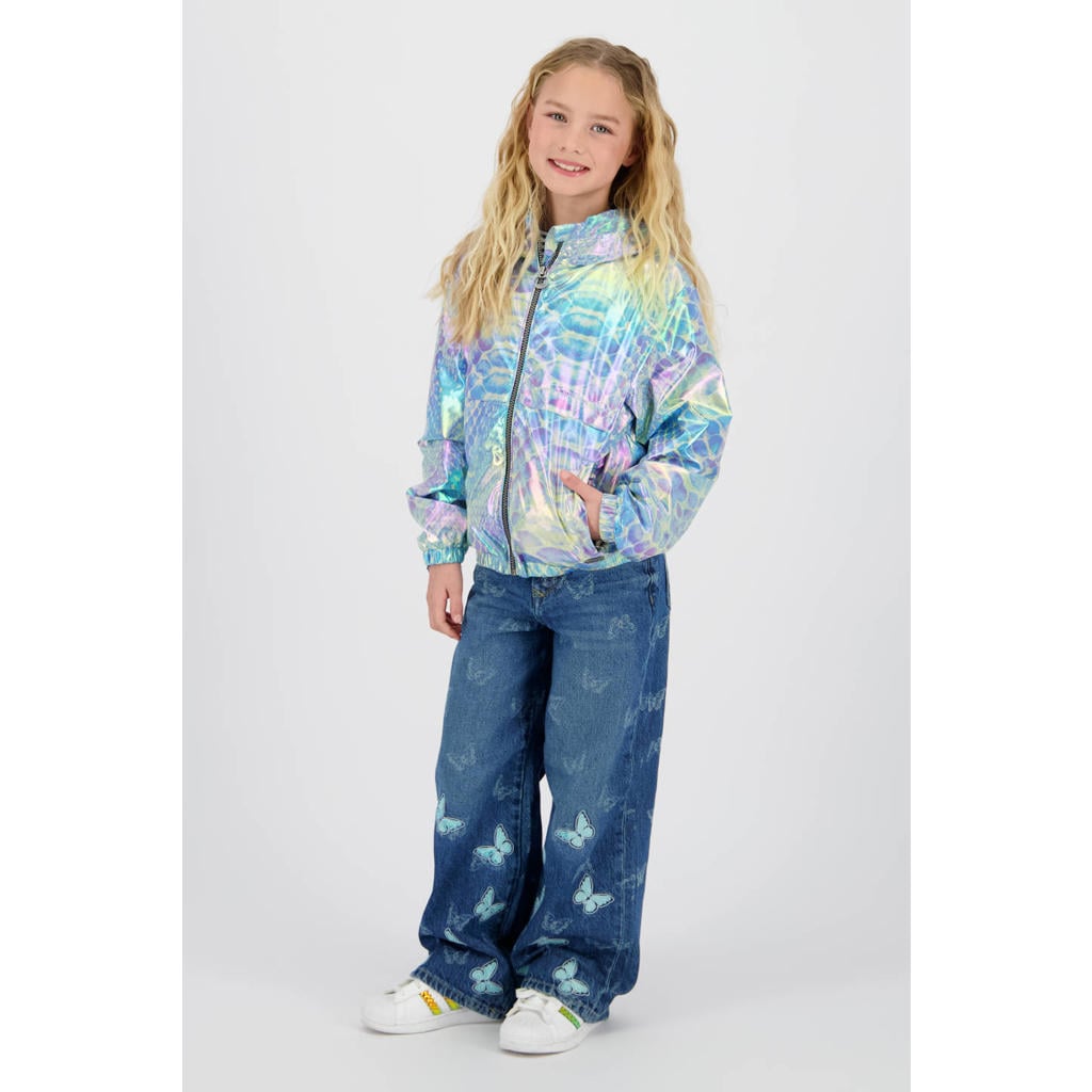 Blauw en multikleurige meisjes Vingino jack van polyester met meerkleurige print, lange mouwen, capuchon, ritssluiting en elastische boord