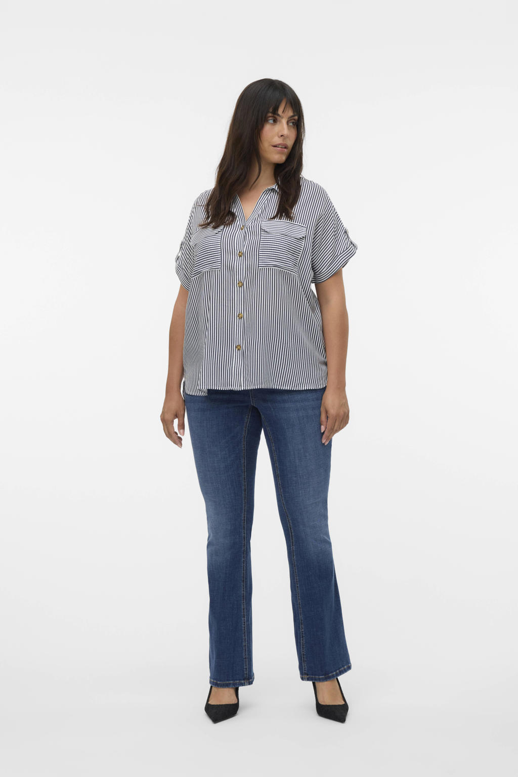 Blauwe dames VERO MODA CURVE blouse van viscose met strepenprint, korte mouwen, button down sluiting, knoopsluiting en geweven detail