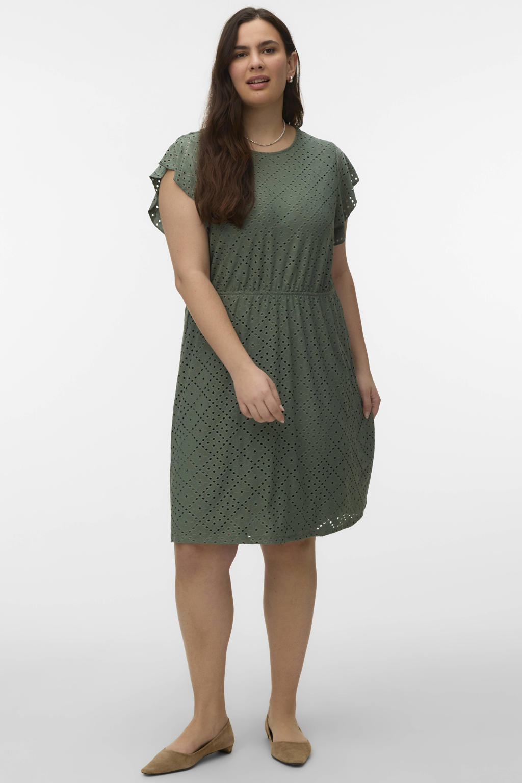 Groene dames VERO MODA CURVE mini jurk van polyester met effen, korte mouwen en ronde hals