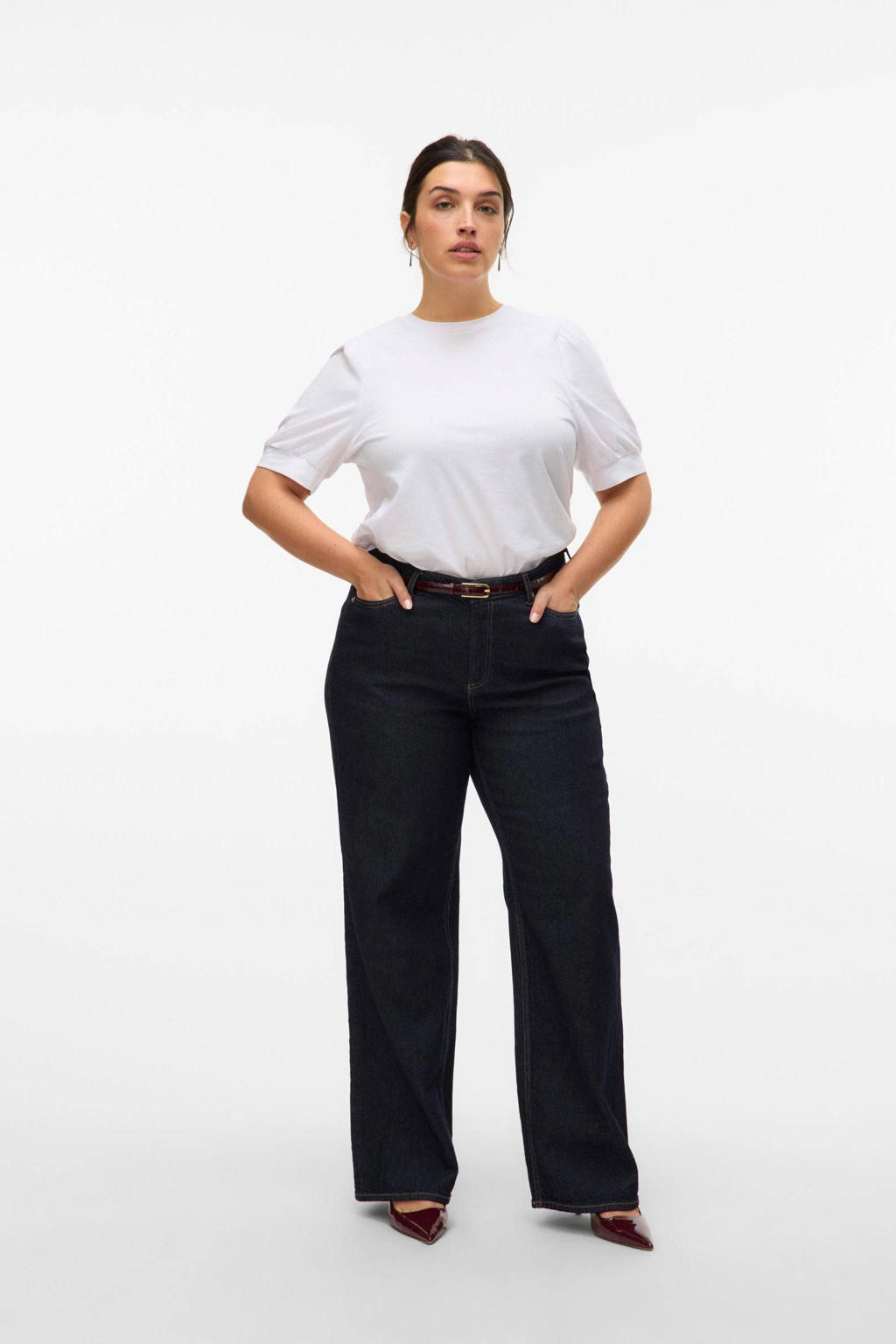 Ecru dames VERO MODA CURVE T-shirt van katoen met effen, korte mouwen en ronde hals