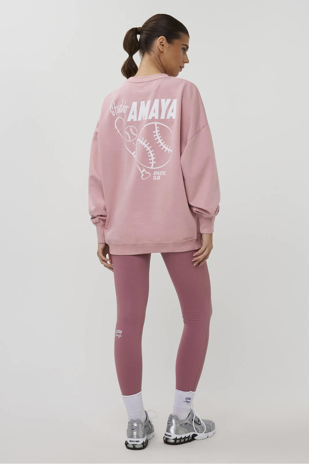 Roze dames Studio AMAYA sportsweater van katoen met effen, lange mouwen en ronde hals