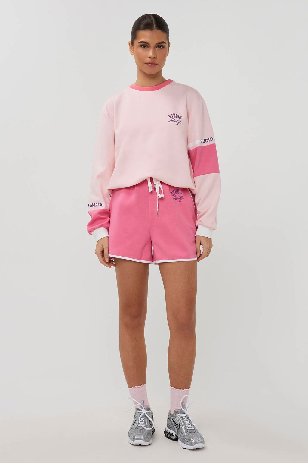 Roze dames Studio AMAYA sportsweater van katoen met logo dessin, lange mouwen en ronde hals