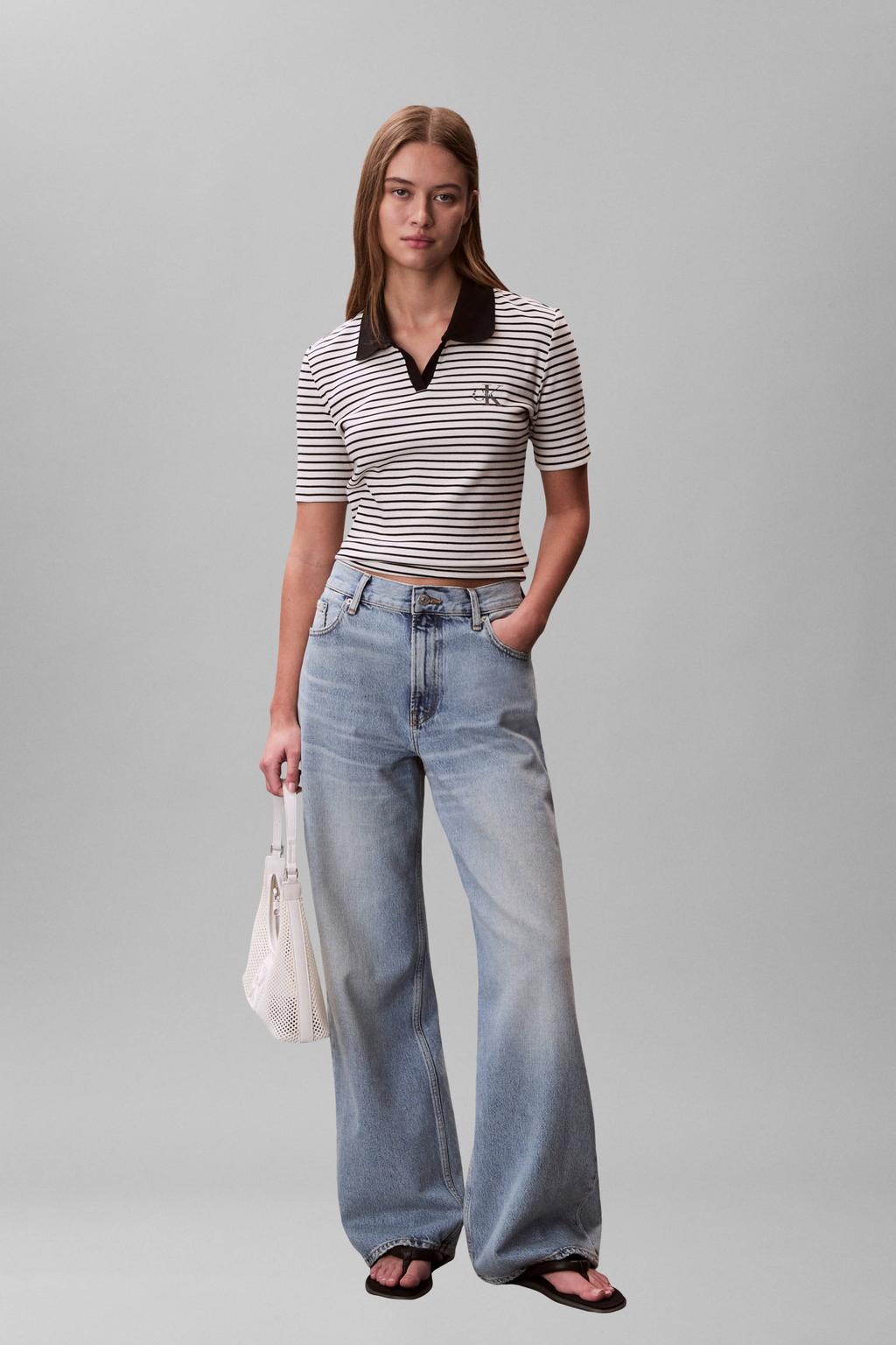 Zwart en ecru dames CALVIN KLEIN JEANS gestreepte polo van katoen met korte mouwen en klassieke kraag