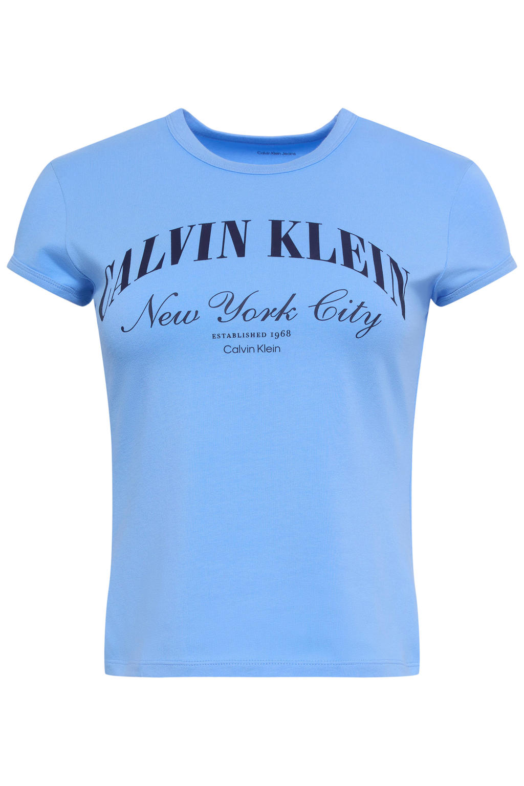 Lichtblauwe dames CALVIN KLEIN JEANS T-shirt van katoen met logo dessin, korte mouwen en ronde hals
