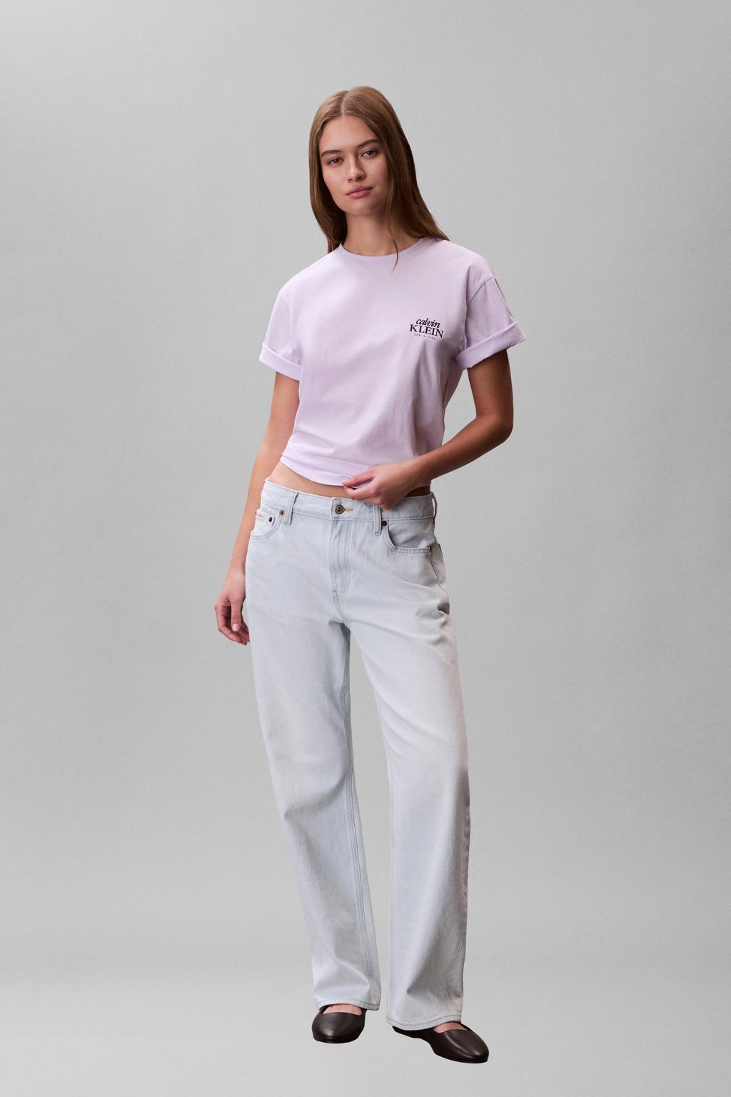 Lilakleurige dames CALVIN KLEIN JEANS T-shirt van katoen met printopdruk, korte mouwen en ronde hals