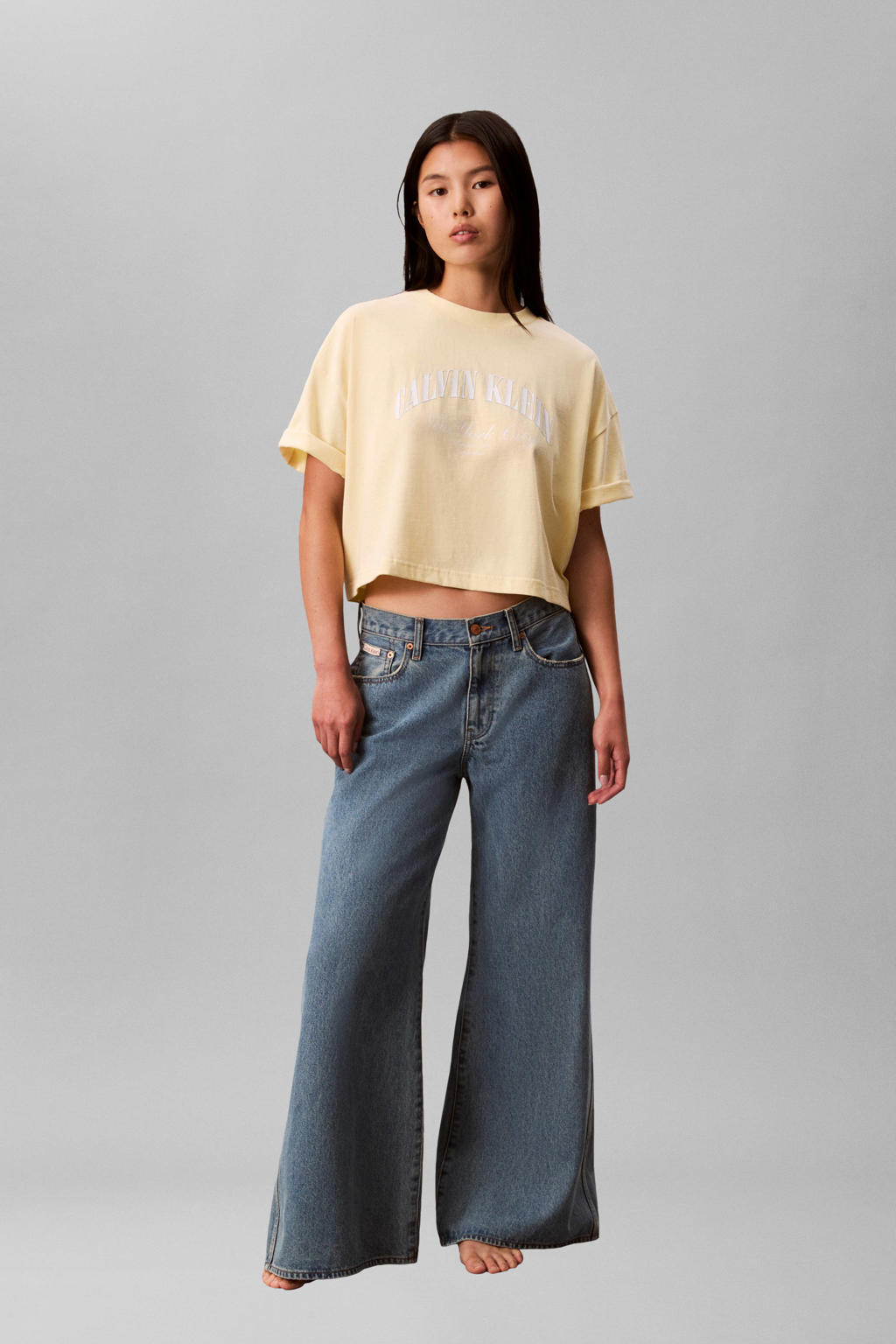 Lichtgele dames CALVIN KLEIN JEANS T-shirt van katoen met logo dessin, korte mouwen en ronde hals