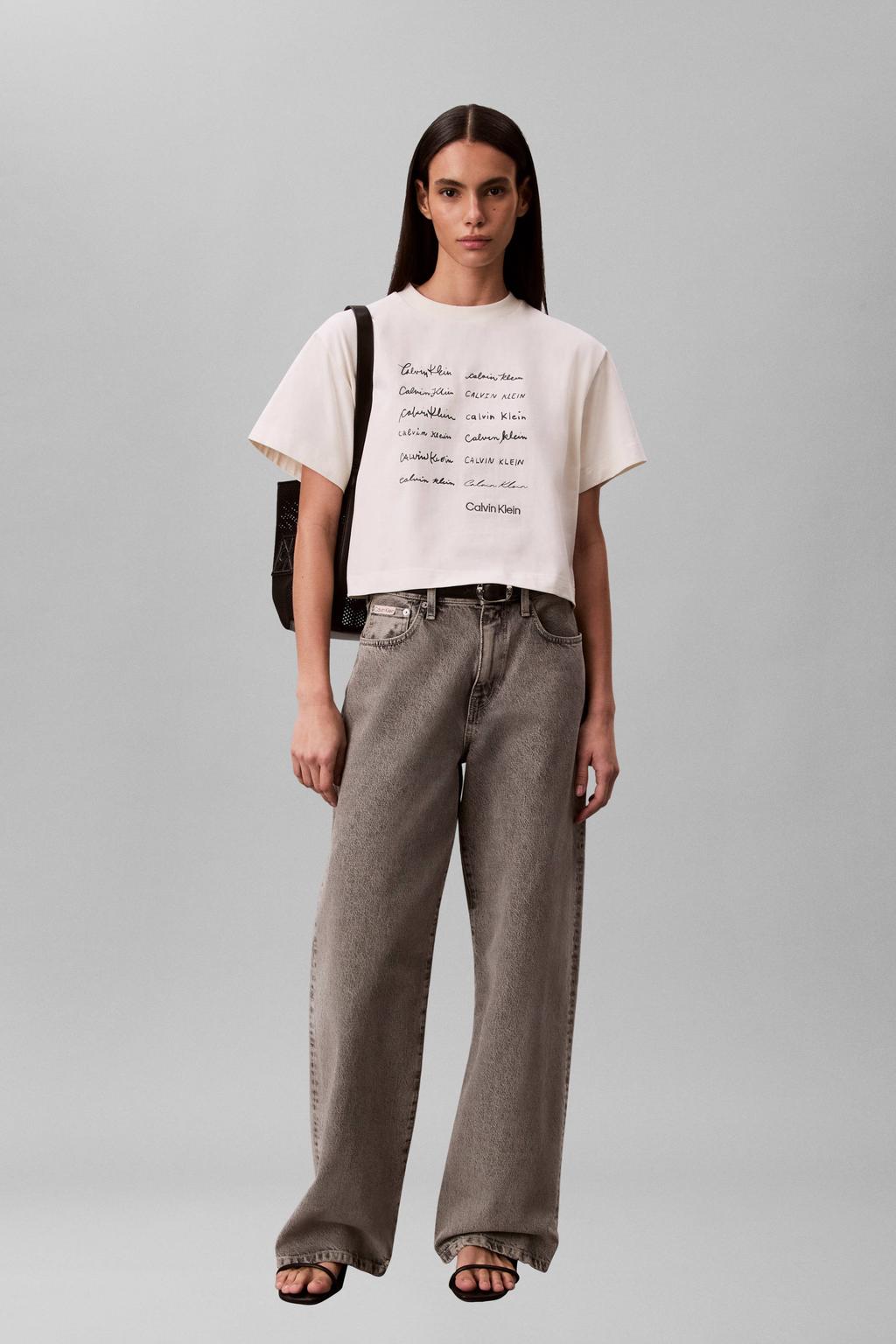 Ecru dames CALVIN KLEIN JEANS T-shirt van katoen met tekst print, korte mouwen en ronde hals