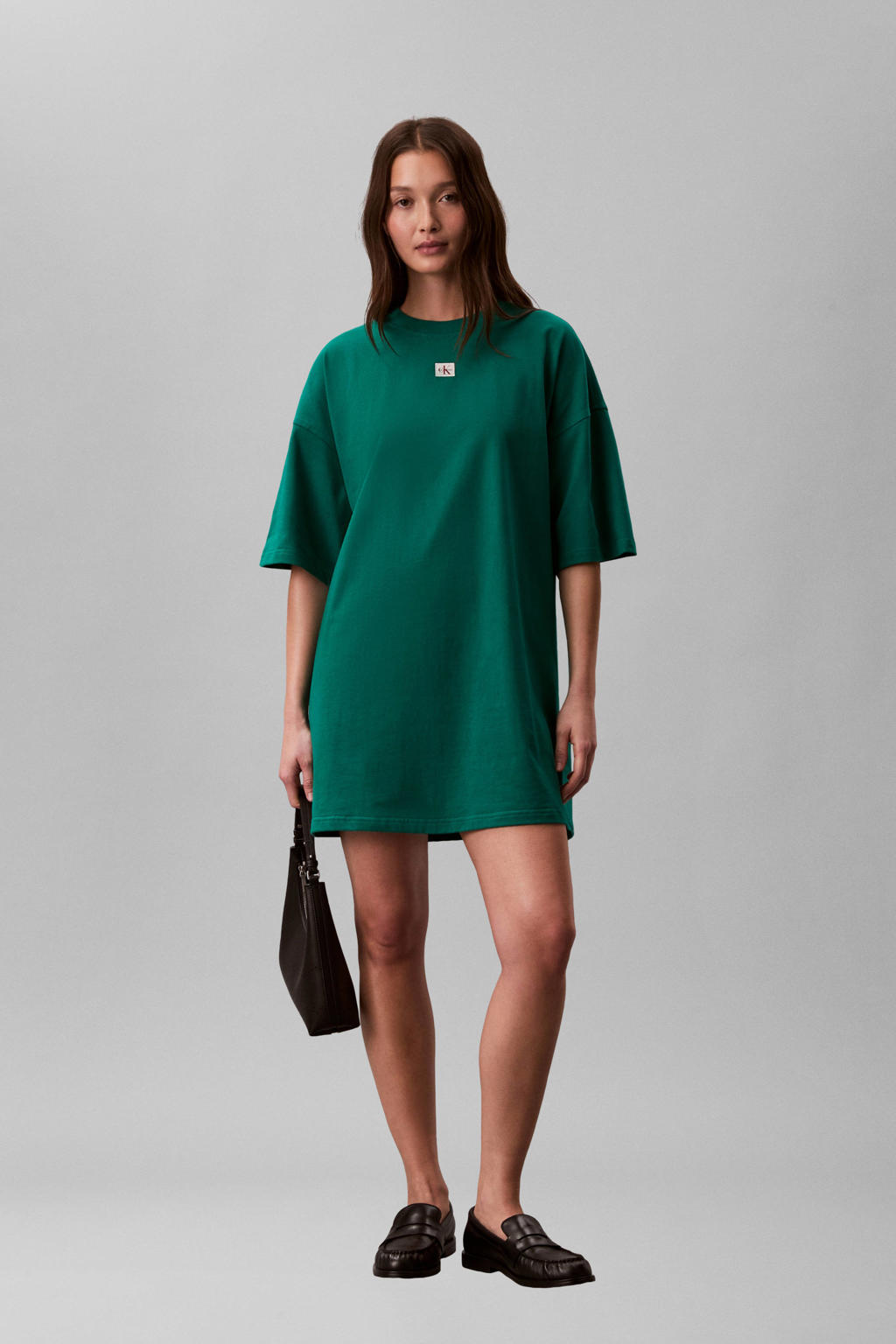 Donkergroene dames CALVIN KLEIN JEANS t-shirtjurk mini jurk van katoen met effen, korte mouwen en ronde hals