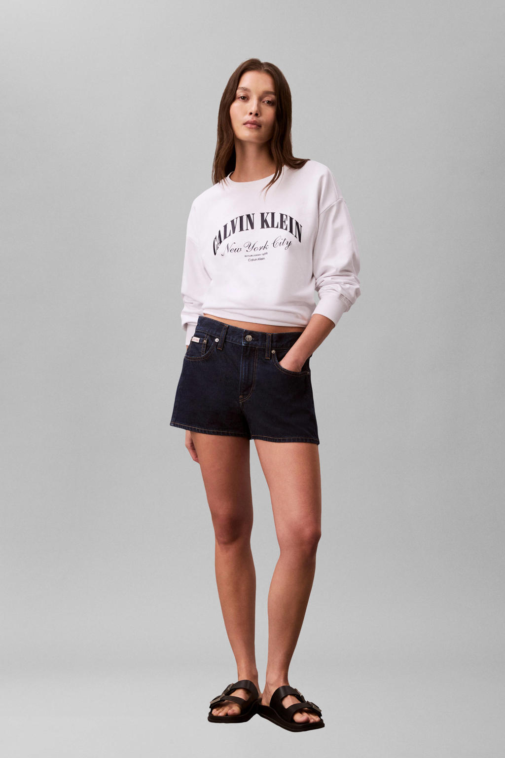 Witte dames CALVIN KLEIN JEANS trui van katoen met logo dessin, lange mouwen en ronde hals