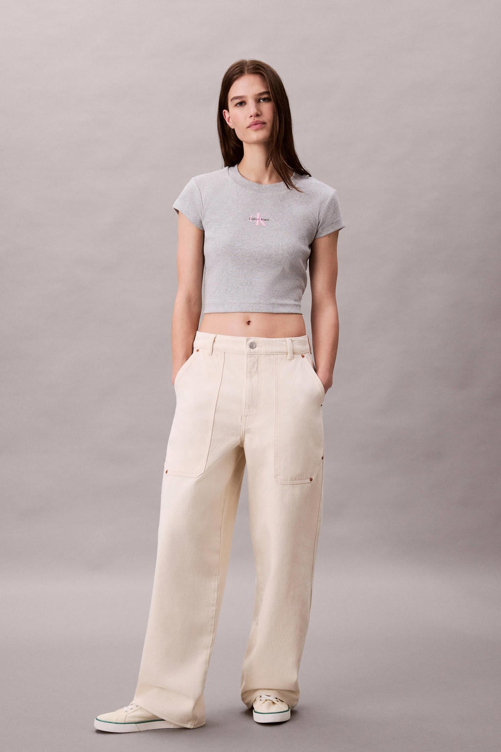 Grijze dames CALVIN KLEIN JEANS cropped top met melée print, korte mouwen en ronde hals