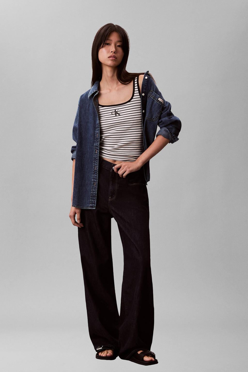 Zwart en witte dames CALVIN KLEIN JEANS gestreepte tanktop van katoen met ronde hals