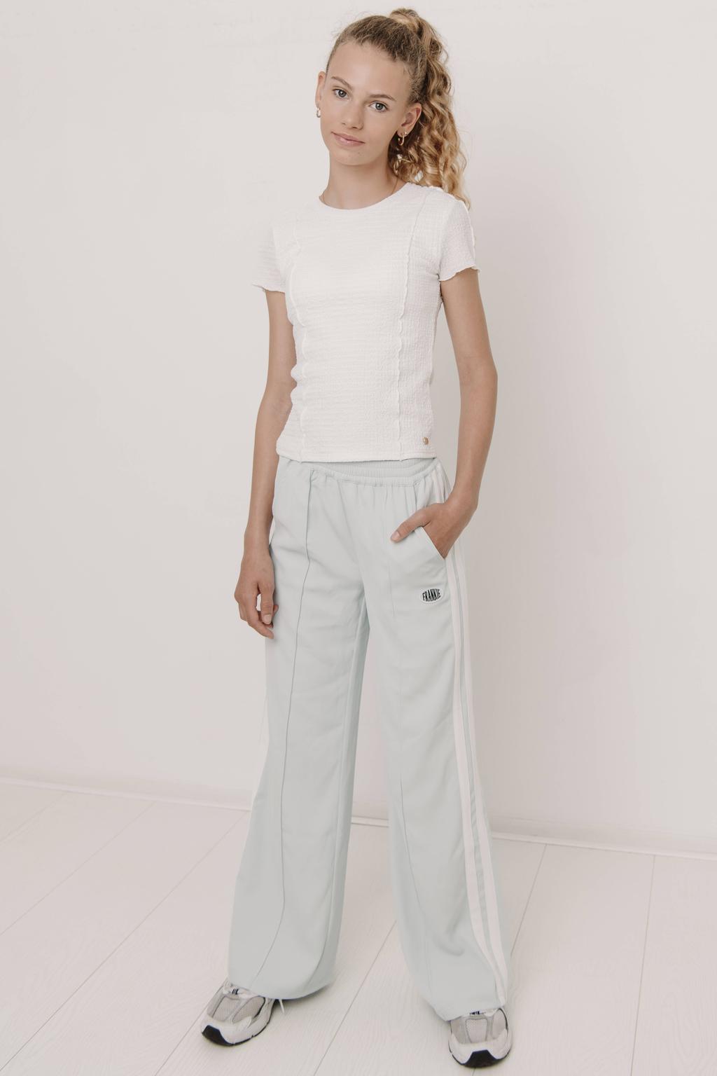 Ecru meisjes Frankie&Liberty T-shirt van polyester met effen, korte mouwen, ronde hals en crinkle cotton