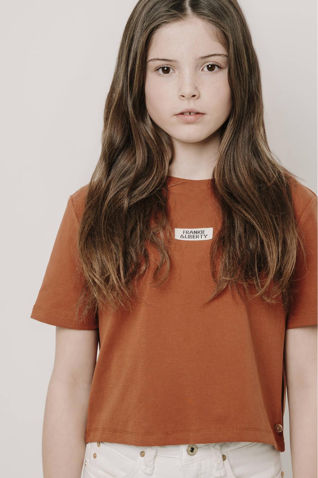 Donkerblauwe meisjes Frankie&Liberty T-shirt van katoen met effen, korte mouwen en ronde hals