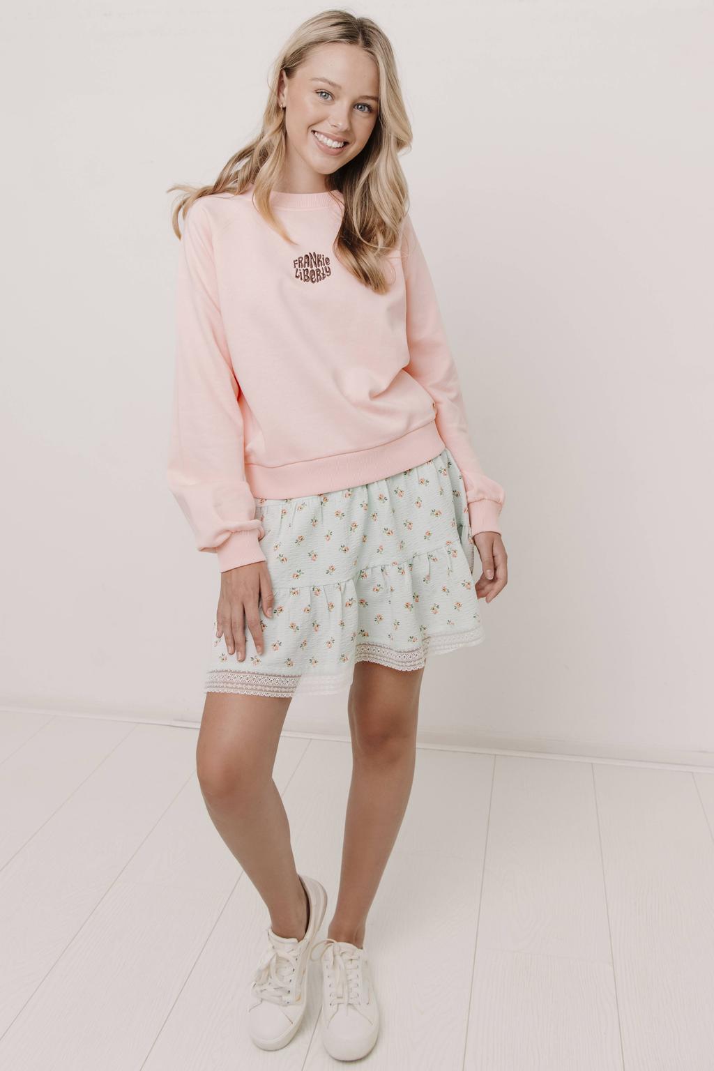 Lichtroze meisjes Frankie&Liberty sweater met backprint, lange mouwen en ronde hals