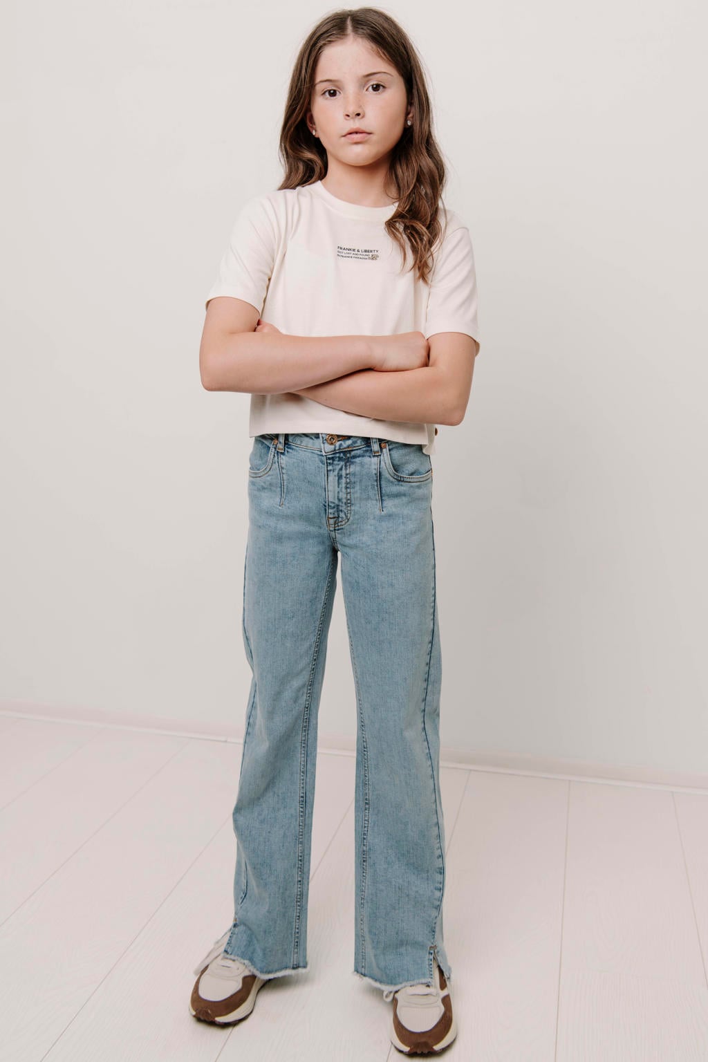 Ecru meisjes Frankie&Liberty T-shirt van katoen met tekst print, korte mouwen en ronde hals