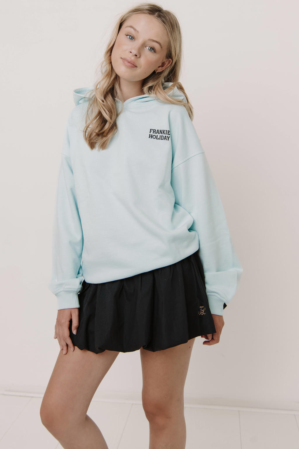 Blauwe meisjes Frankie&Liberty hoodie van sweat materiaal met backprint, lange mouwen en capuchon