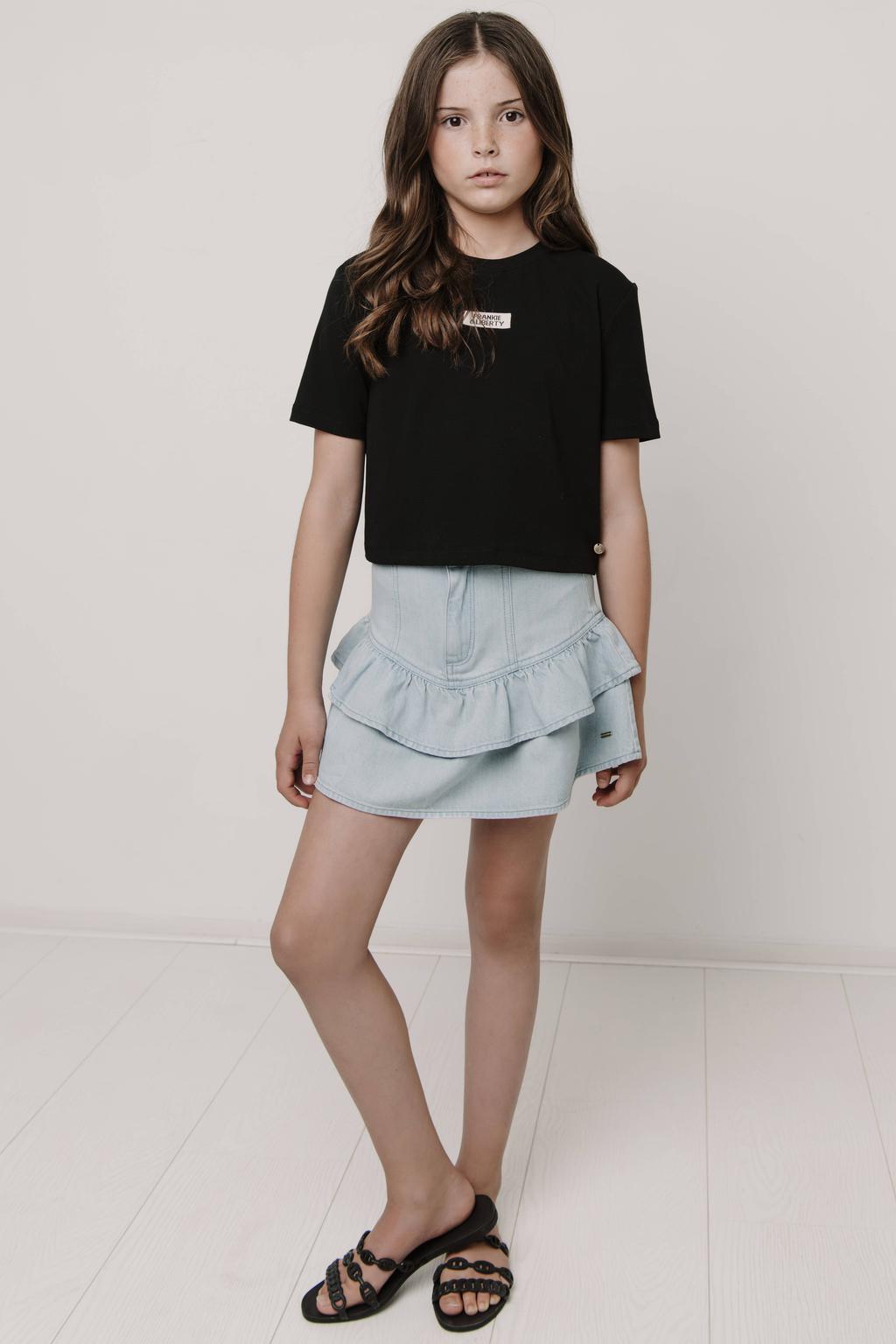 Light blue denim meisjes Frankie&Liberty spijkerrok gemaakt van denim en met knoopsluiting