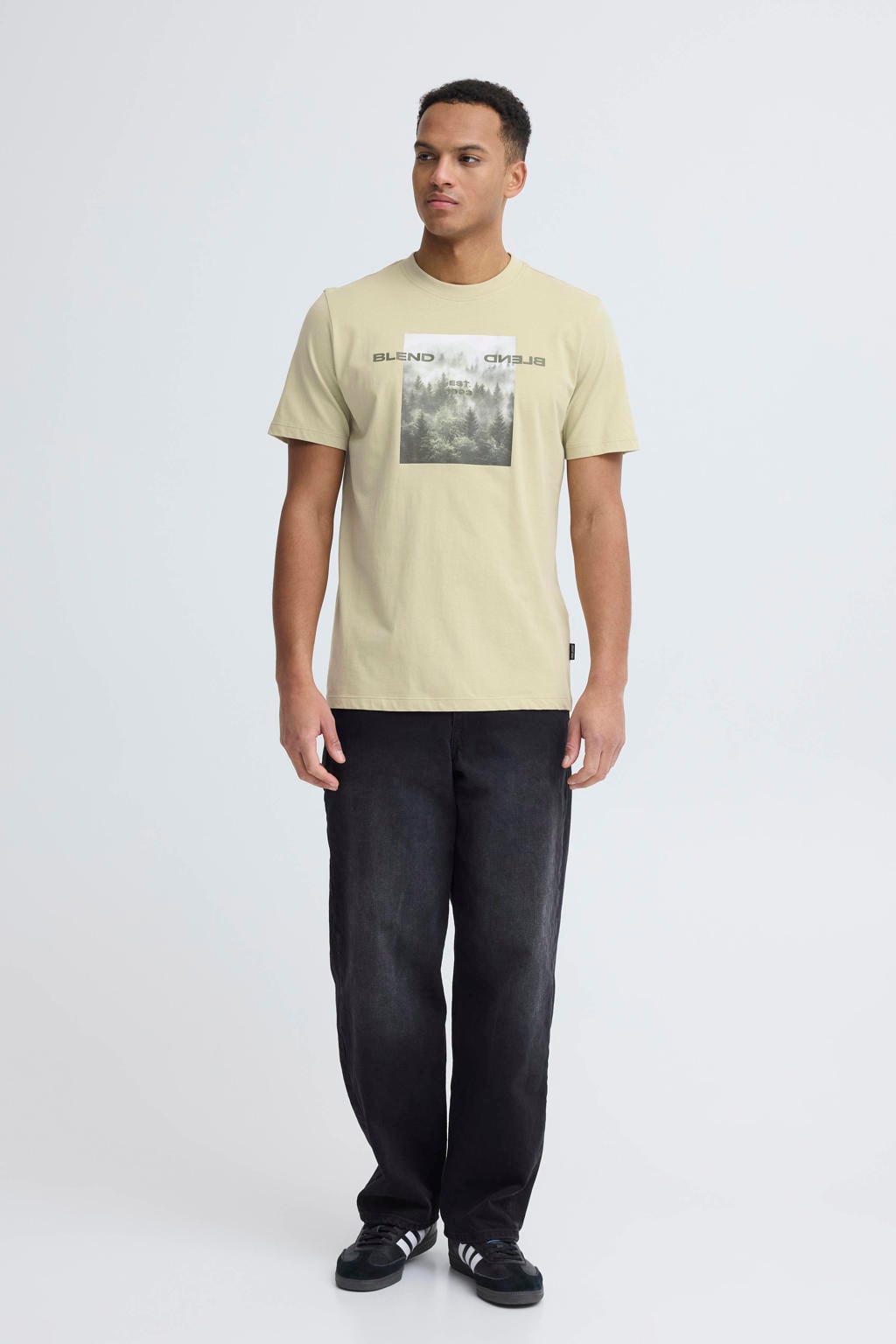Lichtgele heren Blend regular T-shirt van katoen met printopdruk, korte mouwen en ronde hals