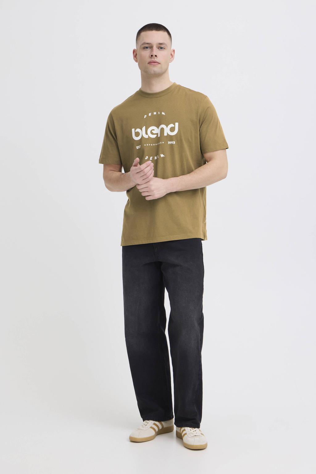 Lichtbruine heren Blend regular T-shirt van katoen met printopdruk, korte mouwen en ronde hals