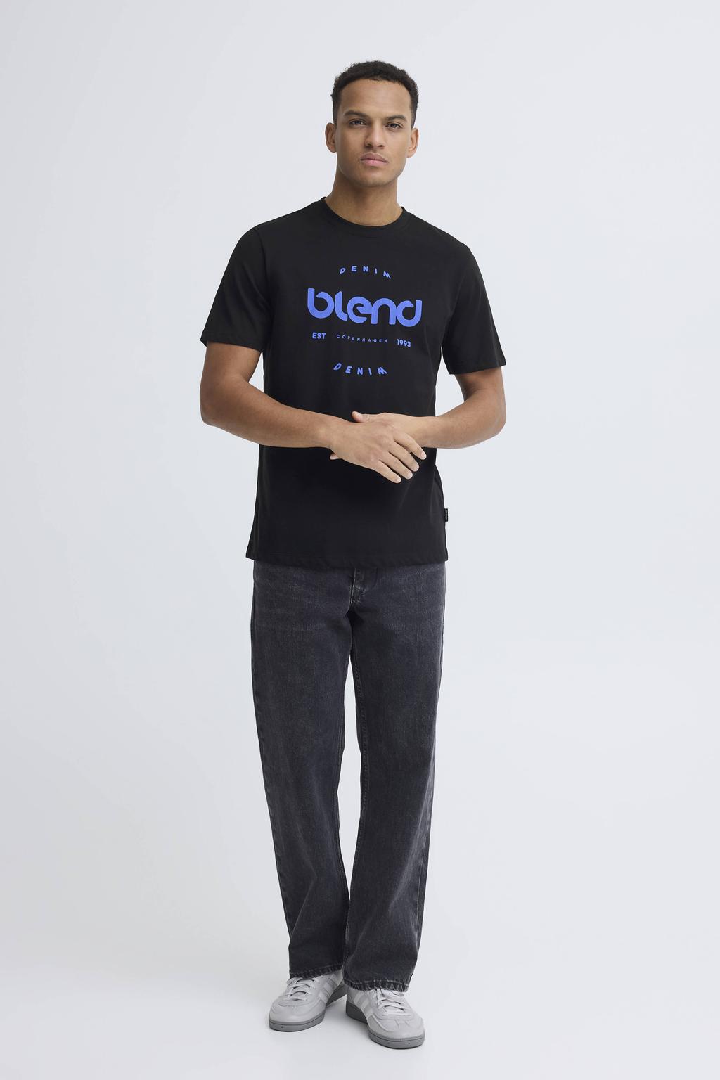 Zwarte heren Blend regular T-shirt van katoen met printopdruk, korte mouwen en ronde hals
