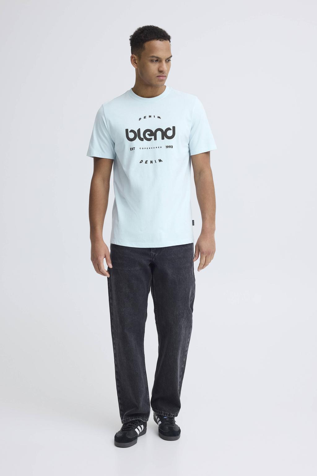 Lichtblauwe heren Blend regular T-shirt van katoen met printopdruk, korte mouwen en ronde hals
