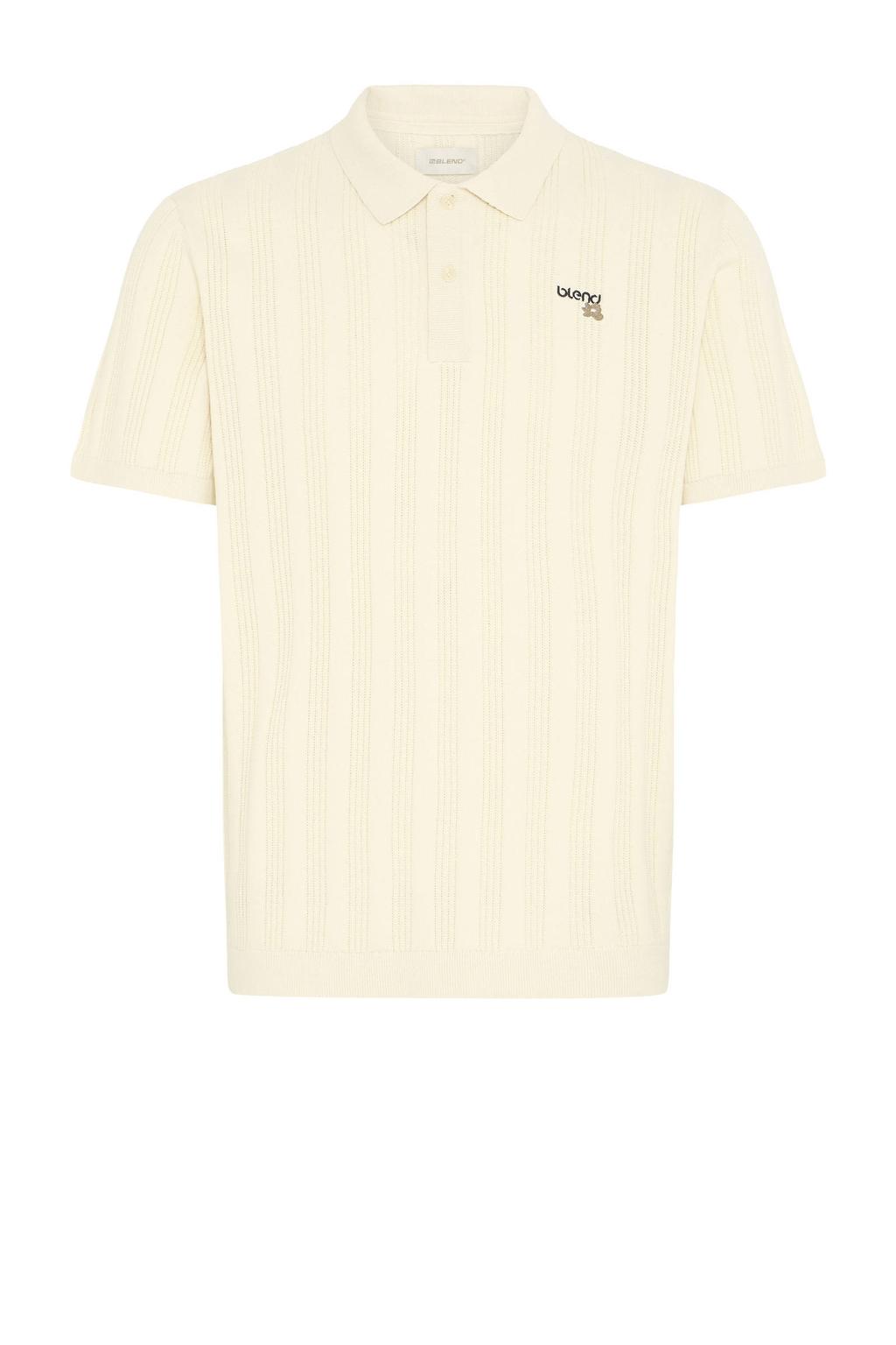 Ecru heren Blend polo van katoen met effen, korte mouwen en gebreide details