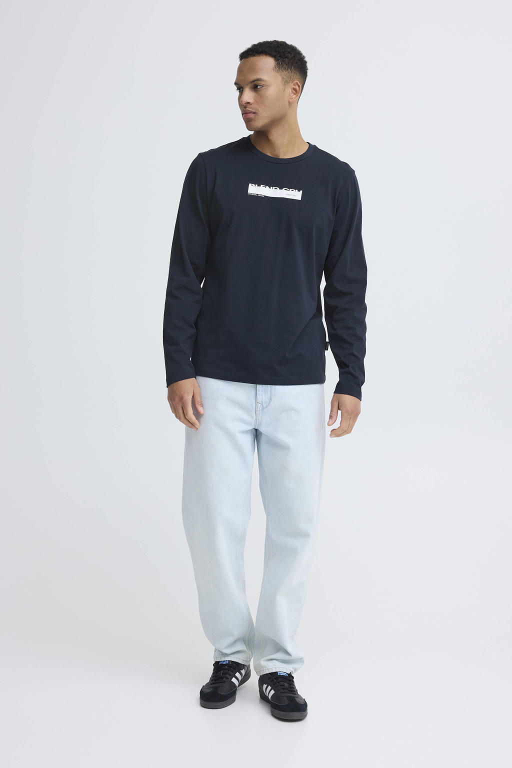 Donkerblauwe heren Blend longsleeve van katoen met printopdruk, lange mouwen en ronde hals