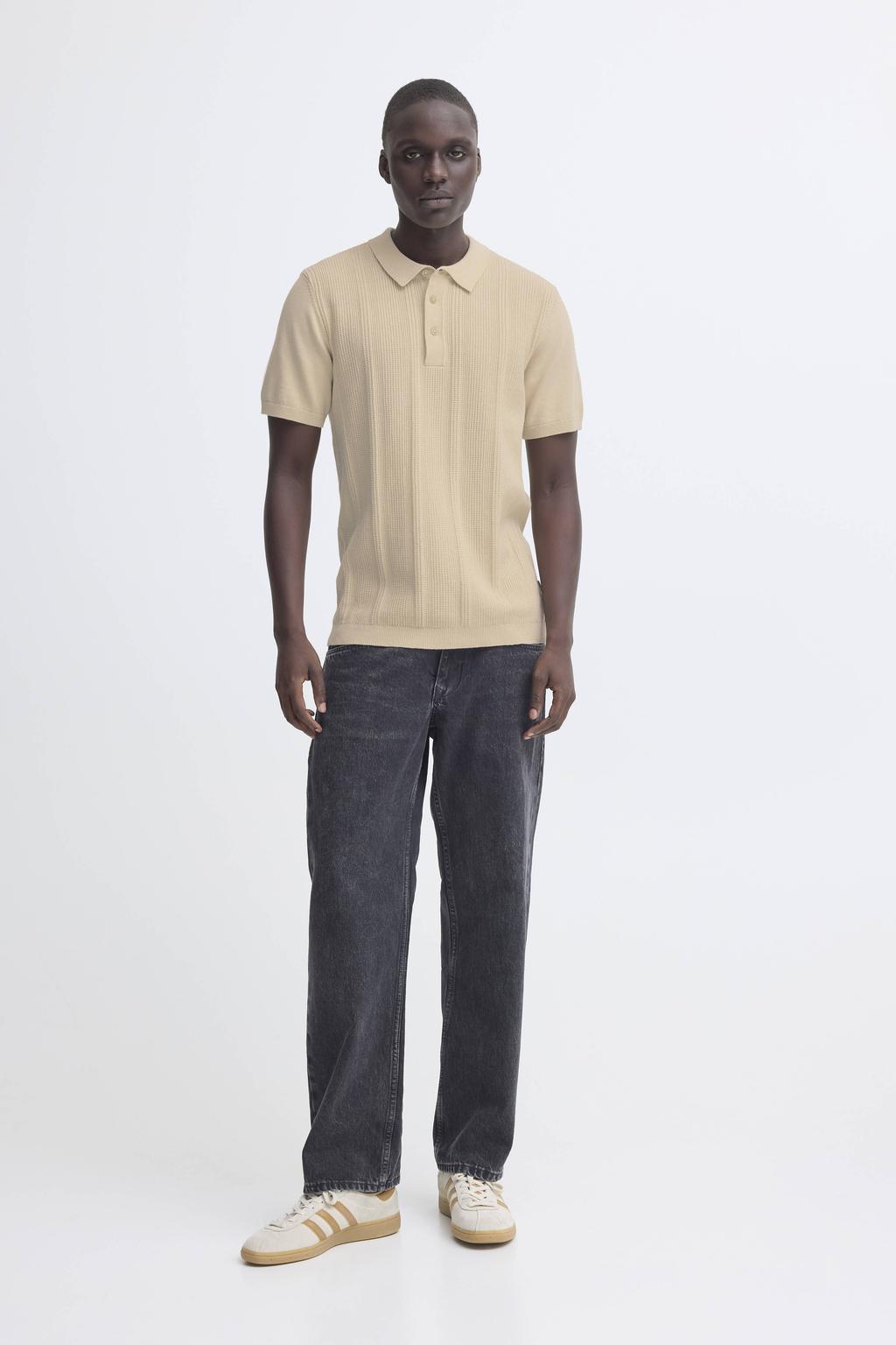 Beige heren Blend regular polo gebreid van katoen met effen en korte mouwen