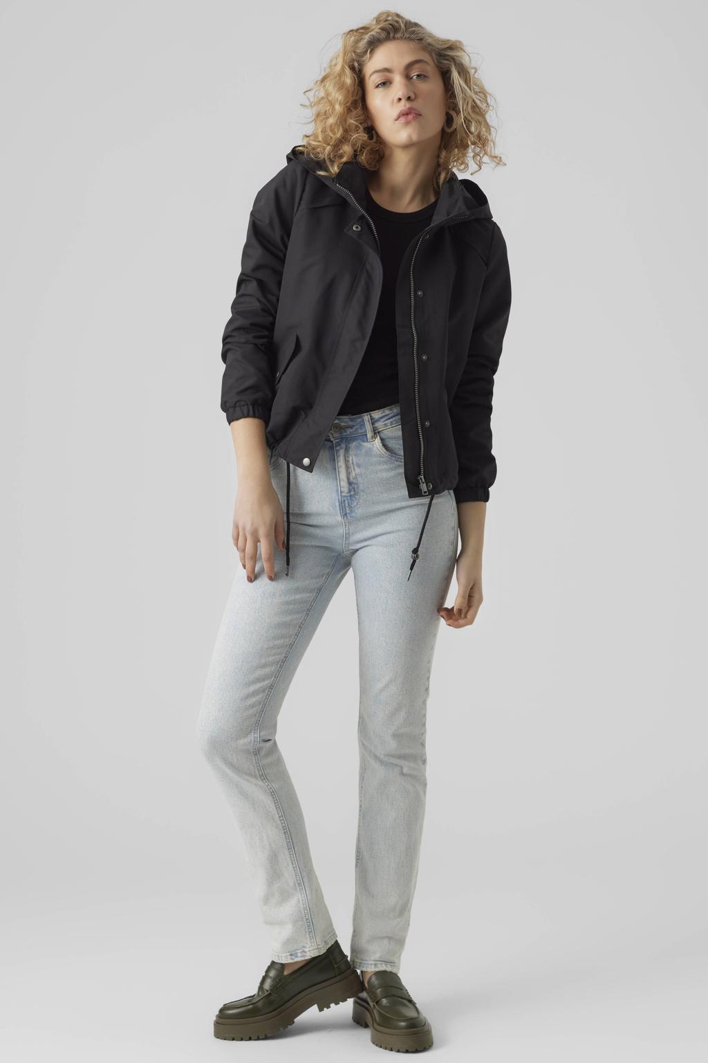 Zwarte dames VERO MODA parka van polyester met effen, lange mouwen, capuchon en ritssluiting