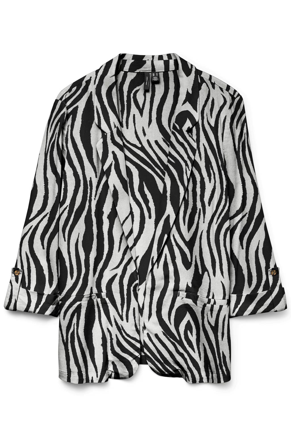 Wit en zwarte dames VERO MODA regular blazer van viscose met effen, lange mouwen, openvallende hals en geweven detail