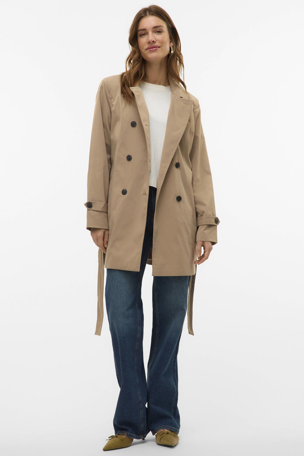 Beige dames VERO MODA trenchcoat van polyester met effen, lange mouwen, klassieke kraag, double breasted sluiting en ceintuur