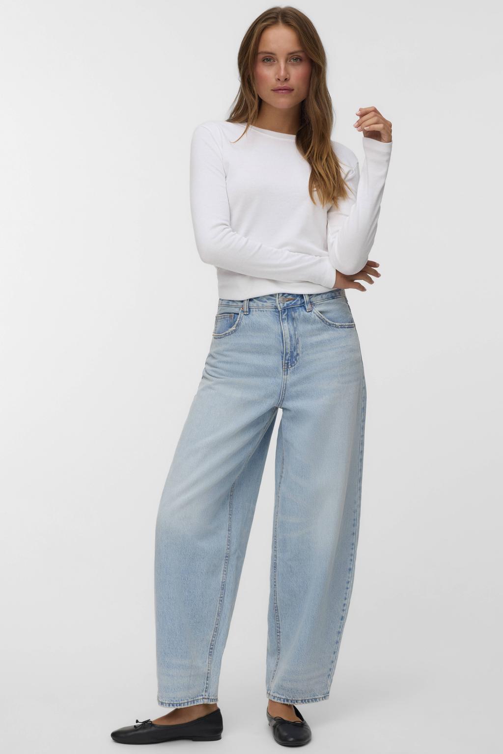 Light blue denim dames VERO MODA high waist barrel jeans van denim met knoopsluiting en effen