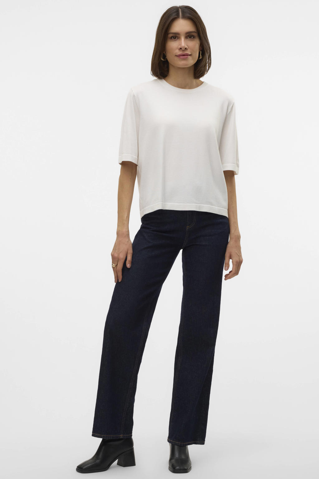 Ecru dames VERO MODA pullover van viscose met effen, korte mouwen, ronde hals en geribde boorden