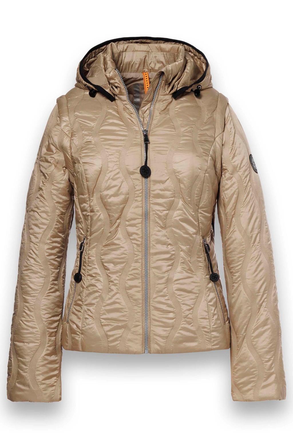 Lichtbruine dames District gewatteerde jas van polyester met effen, lange mouwen, capuchon en ritssluiting