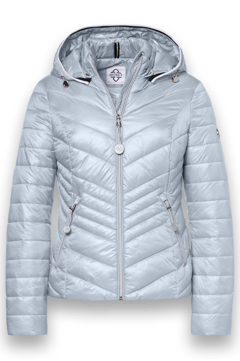 Lichtblauwe dames District gewatteerde jas van polyamide met effen, lange mouwen, capuchon, ritssluiting en glimmend detail