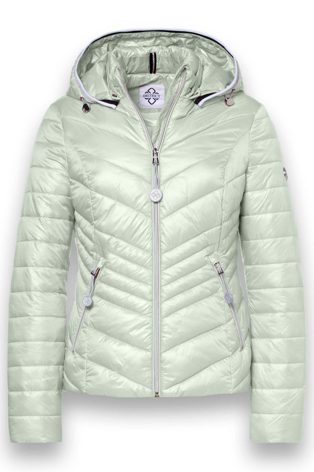 Lichtgroene dames District gewatteerde jas van polyamide met effen, lange mouwen, capuchon, ritssluiting en glimmend detail