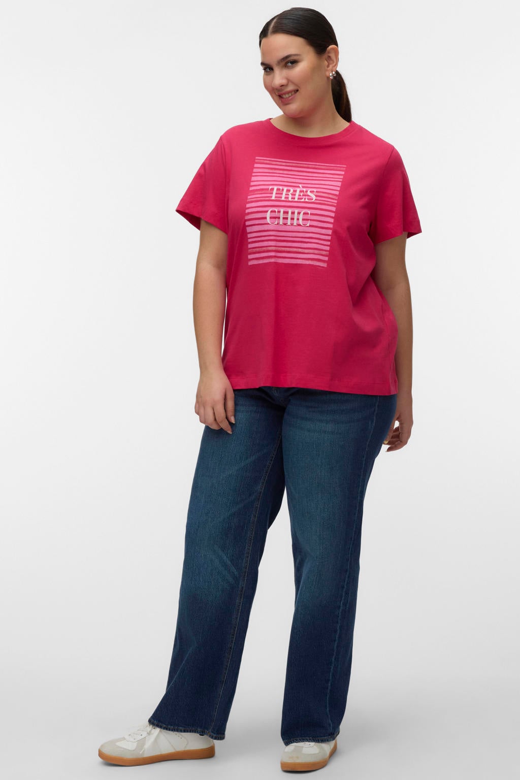 Roze dames VERO MODA CURVE T-shirt van katoen met printopdruk, korte mouwen en ronde hals