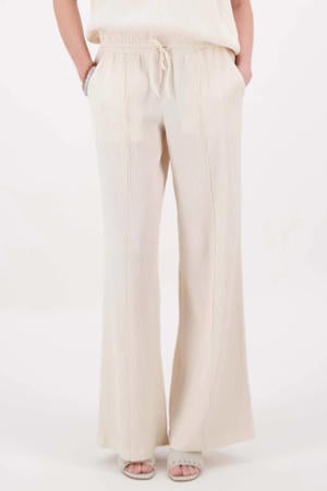wide leg regular waist broek met textuur beige
