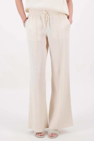 wide leg regular waist broek met textuur beige
