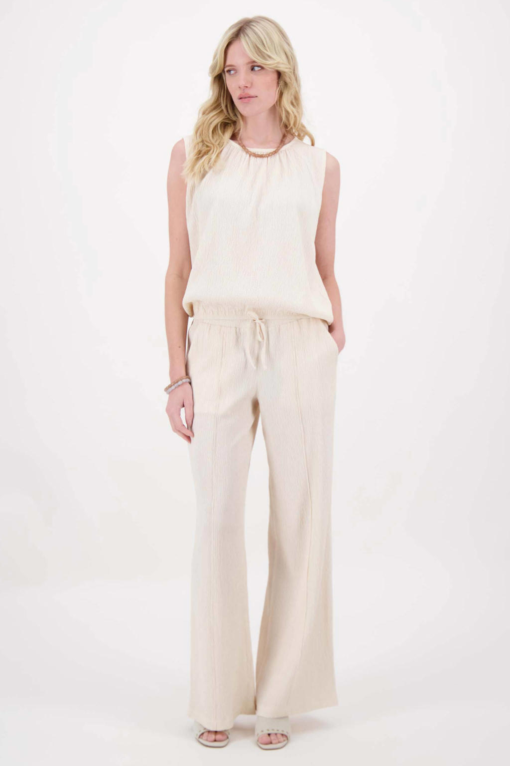 Beige dames Zusss wide leg regular waist broek van viscose met elastische tailleband met koord en effen