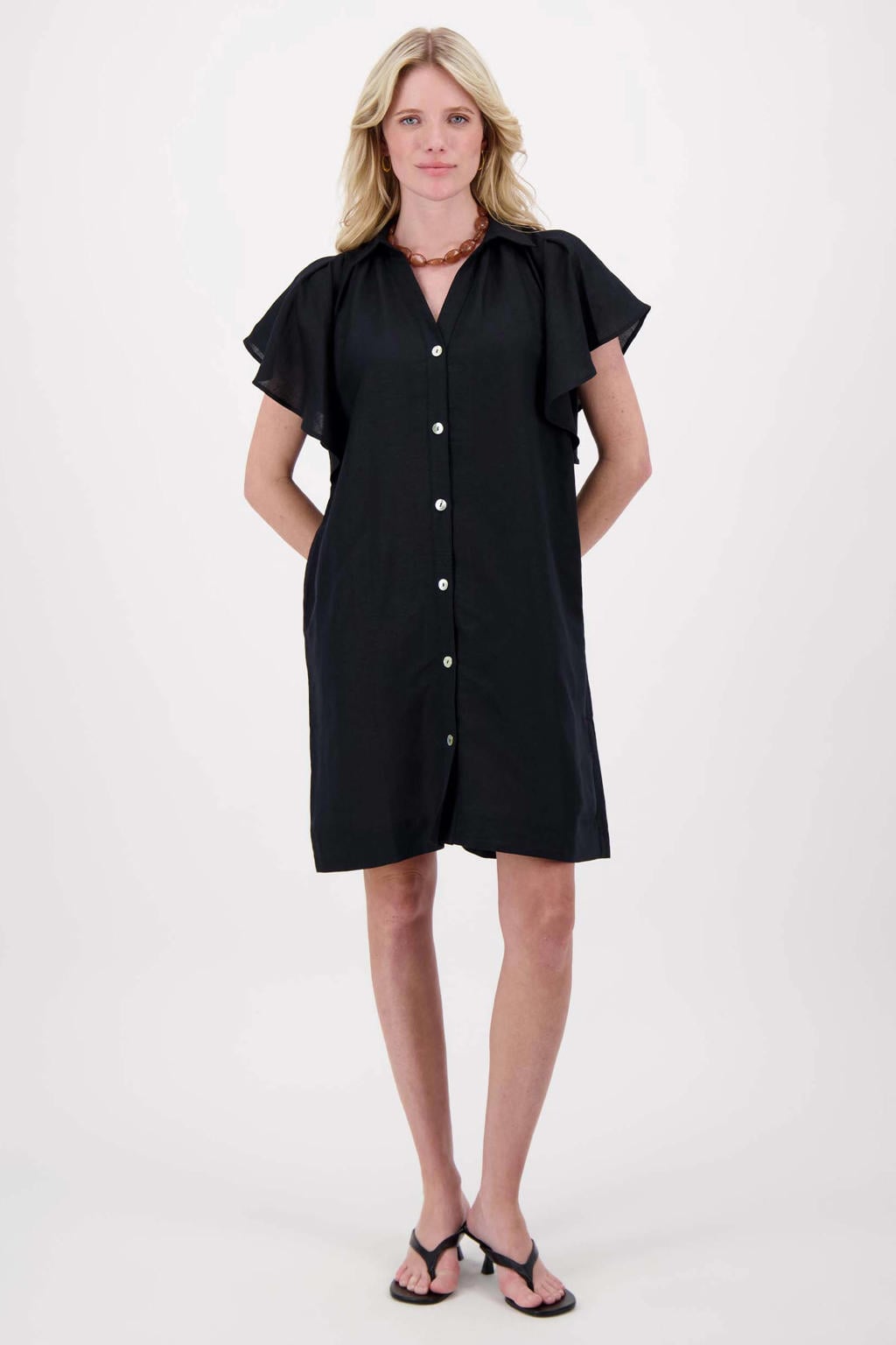 Zwarte dames Zusss linnen blousejurk met effen, korte mouwen, V-hals en knoopsluiting