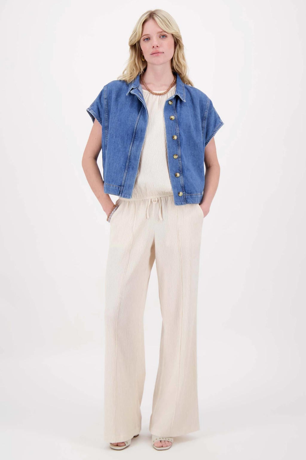 Beige dames Zusss top van viscose met effen en ronde hals