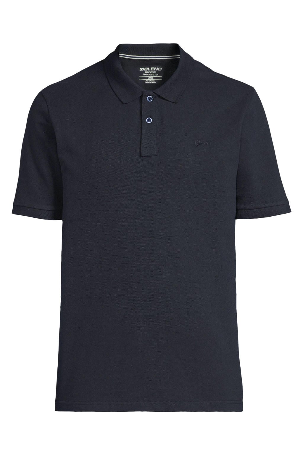Donkerblauwe heren Blend regular polo van katoen met effen, korte mouwen, knoopsluiting en geribde boorden