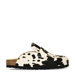 leren clogs met ponyhair en koeienprint zwart/ecru