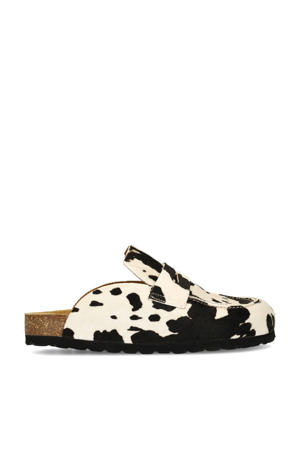 leren clogs met ponyhair en koeienprint zwart/ecru