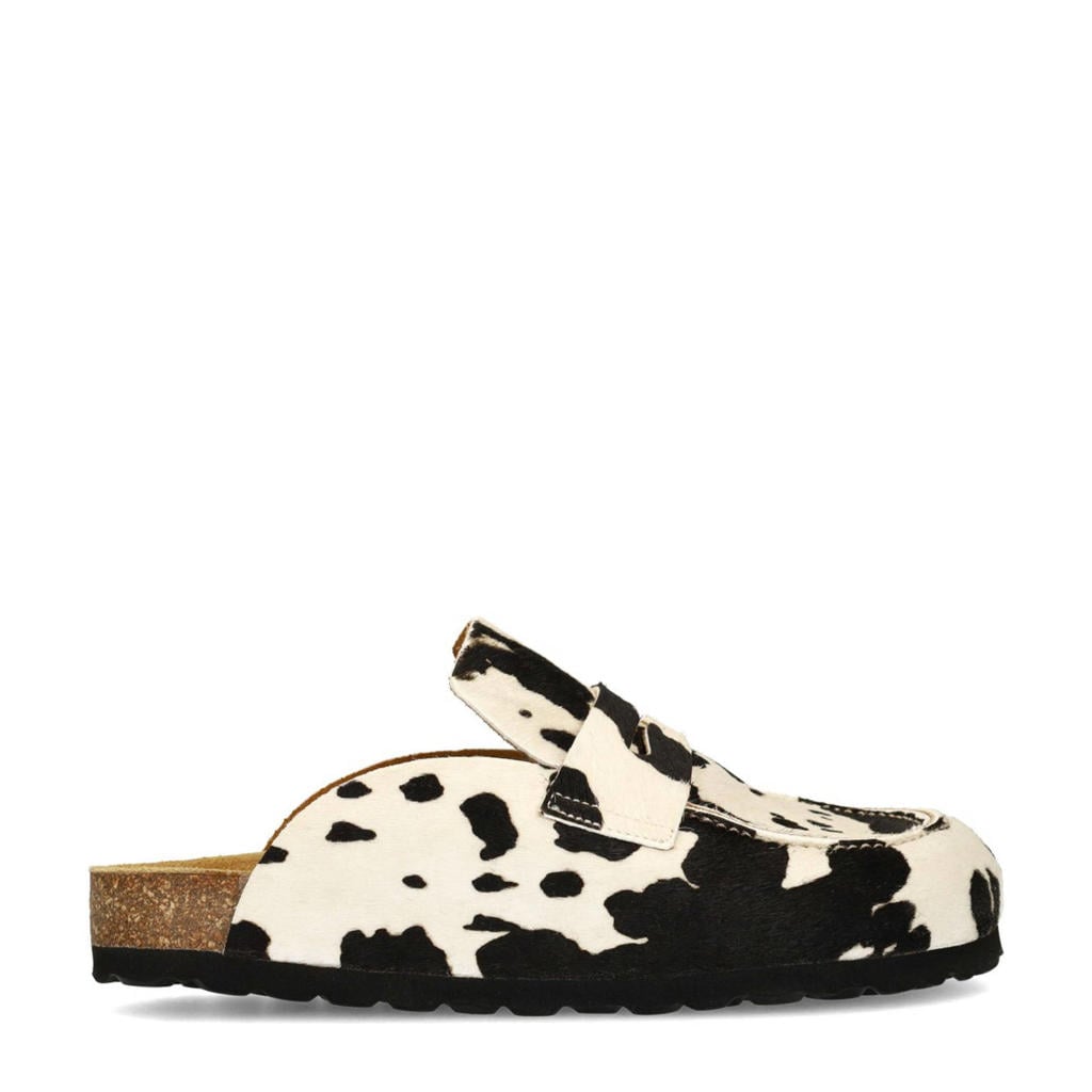 Zwart en ecru dames Sacha leren clogs met ponyhair en