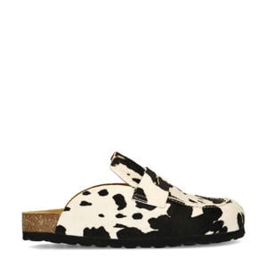 leren clogs met ponyhair en koeienprint zwart/ecru