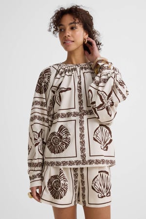 blouse met linnen en schelpenprint