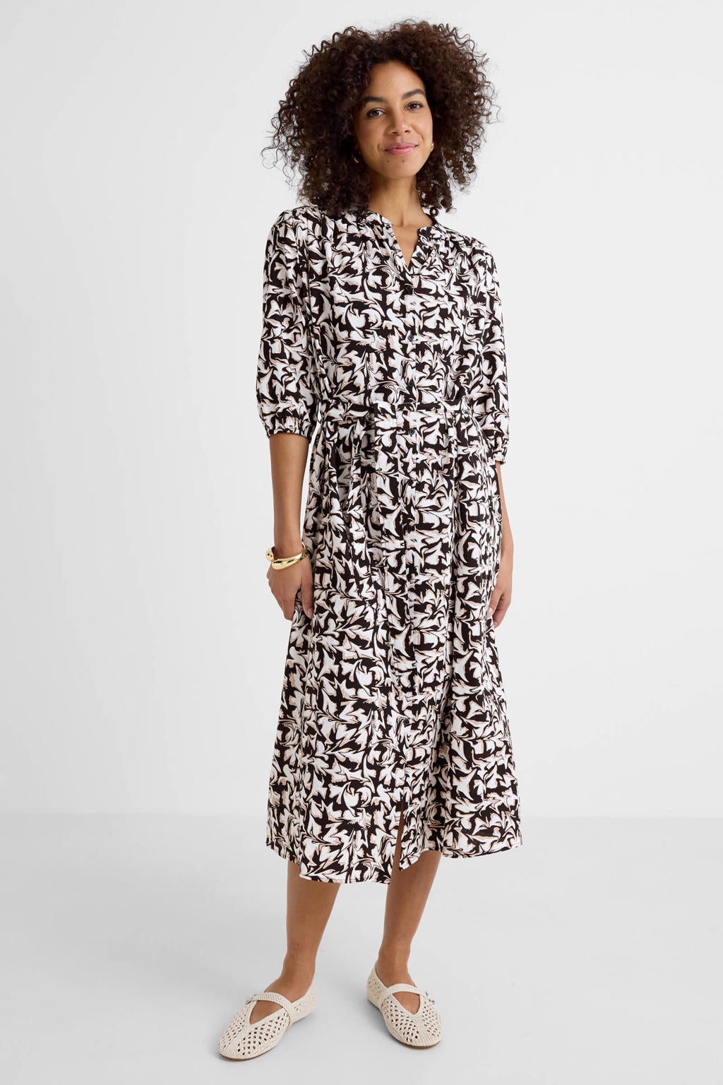Multi, zwart en beige dames Ruby maxi overhemdjurk met all- van viscose met half lange mouwen, knoopsluiting en ceintuur